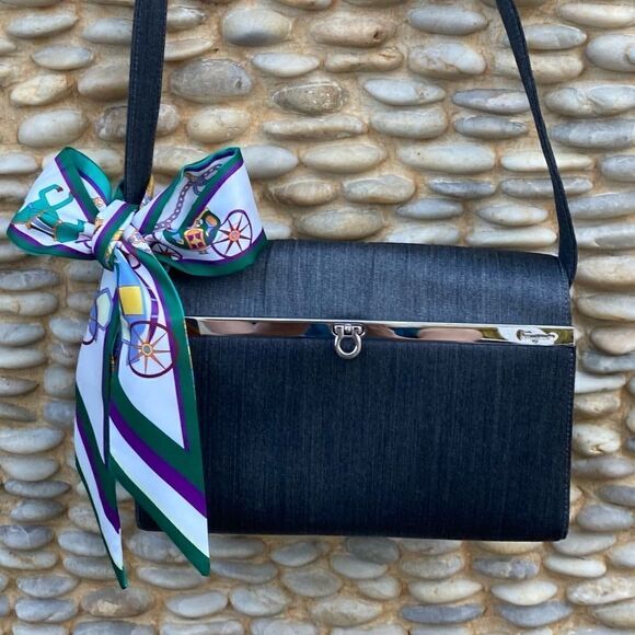 Salvatore Ferragamo Steel Grey/Blue Fabric Shoulder Bag Silver Chrome Hardware V - Picture 1 of 13